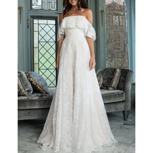 Theia Imelda off-the-shoulder embellished Chantilly Ivory lace bridal gown sz O